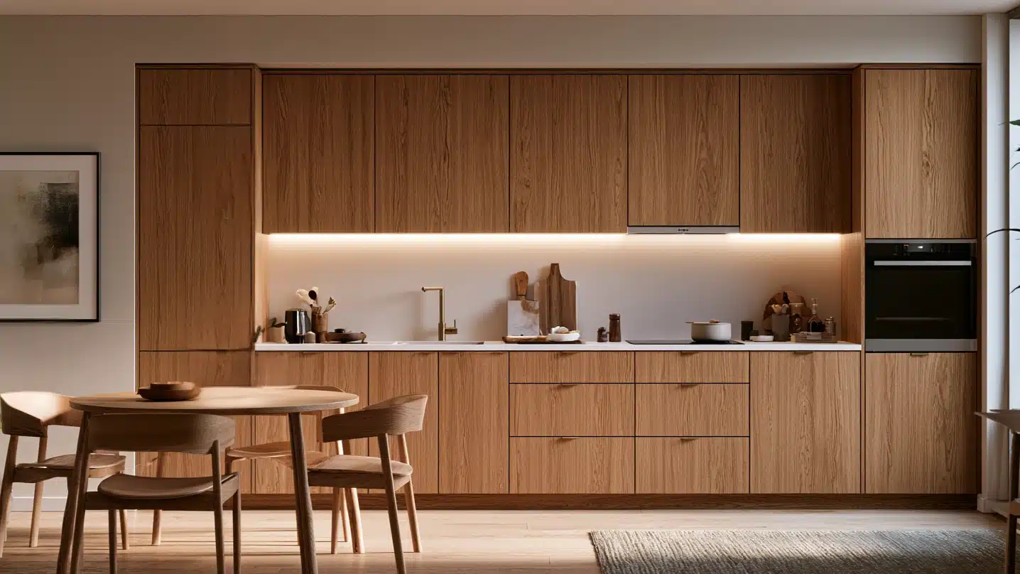 Modern kitchen featuring warm natural wood cabinet doors and a wooden dining table, creating a cozy atmosphere.