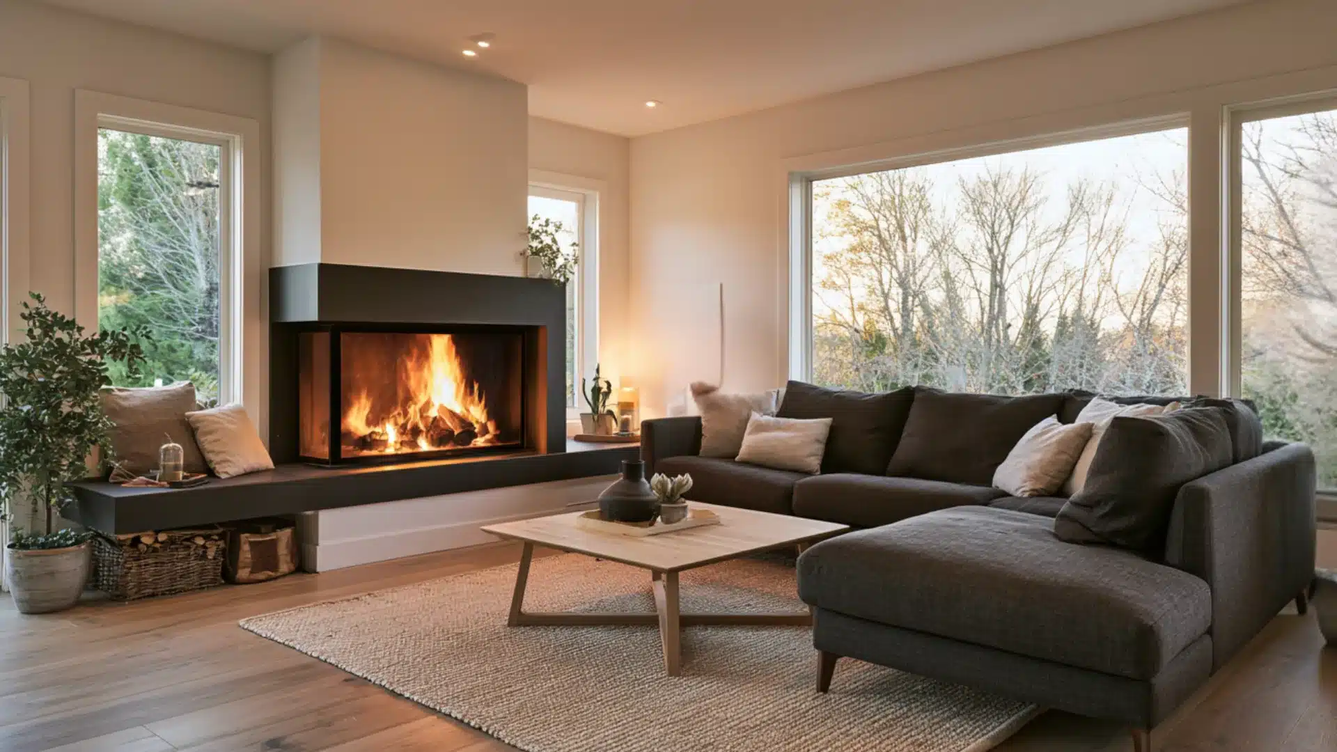 Modern living room with a lit fireplace, gray sectional sofa, wooden coffee table, large windows, and views of leafless trees.