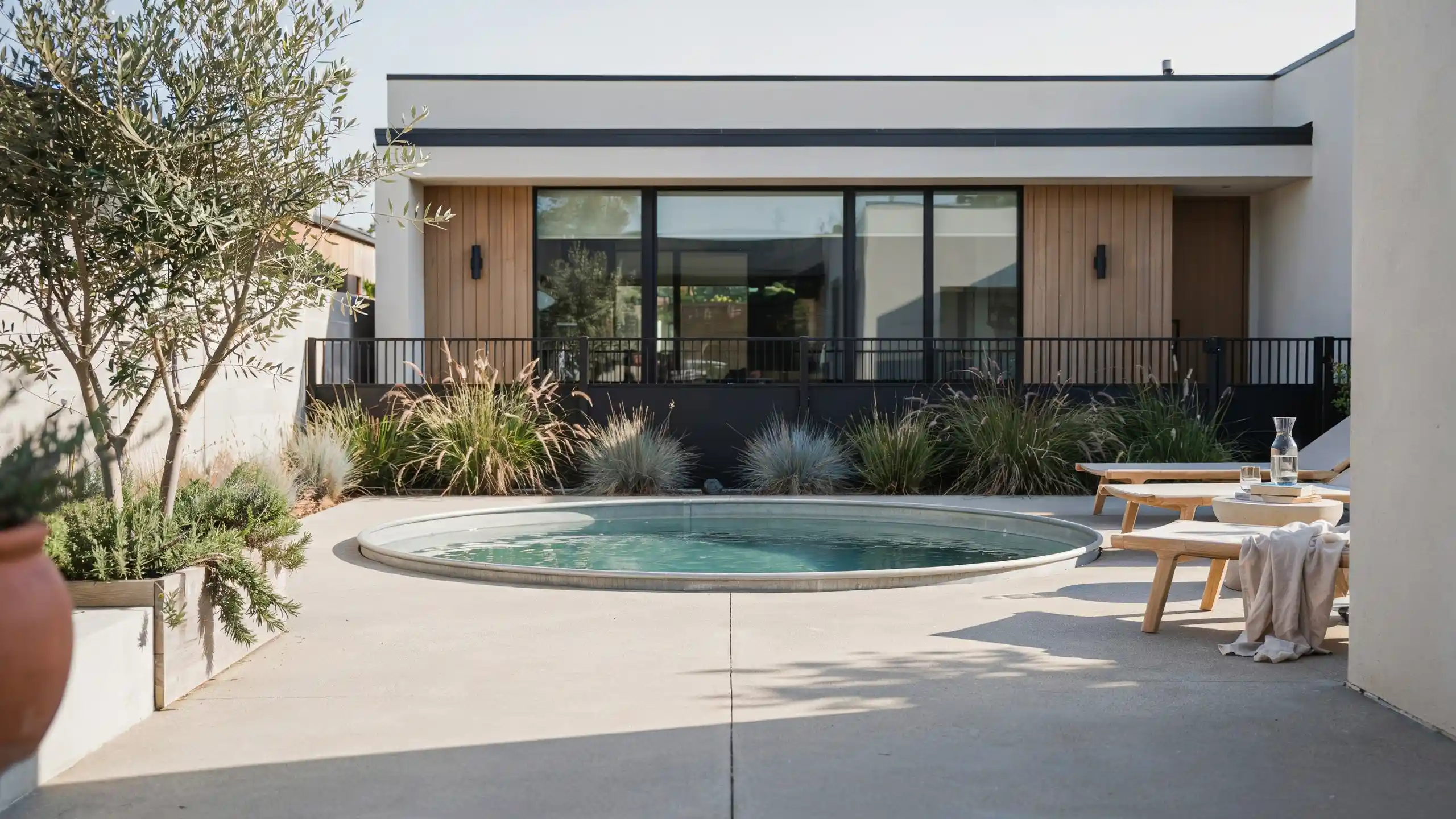 Sunken round stock tank pool in a modern minimalist backyard with clean concrete patio and simple landscaping