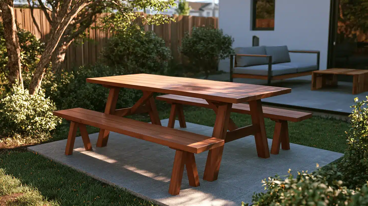 Modern minimalist wooden picnic table with clean lines on a contemporary backyard patio