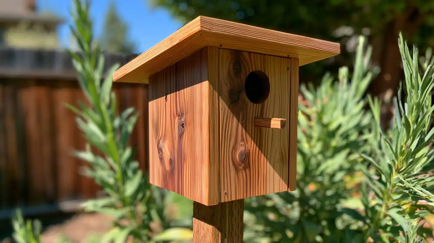 Natural cedar box birdhouse with a wide flat roof and wooden perch mounted on a garden post.