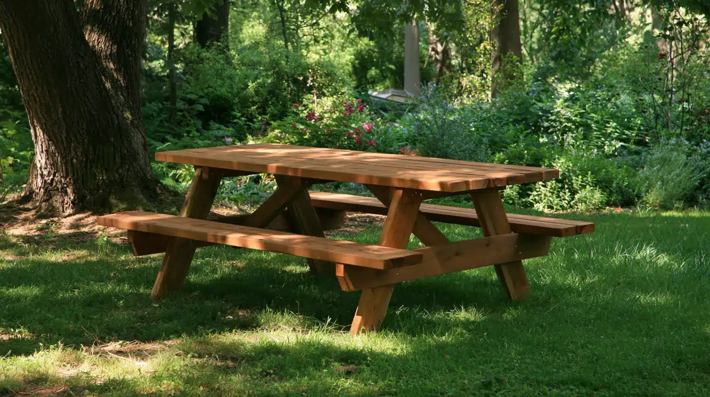 Natural cedar picnic table with attached benches placed beneath mature trees in a garden