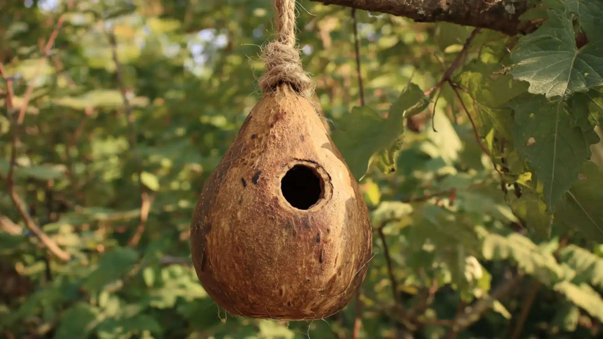 Natural dried gourd birdhouse with a round entrance hole hanging from a tree branch with rope