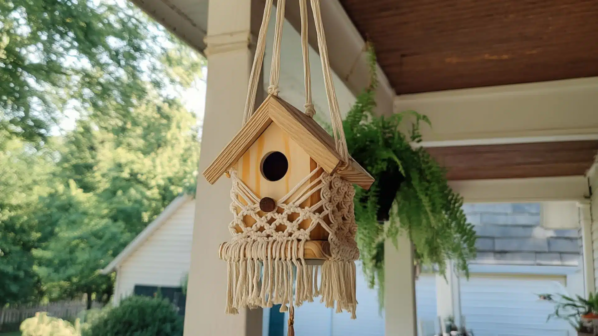 Natural wooden birdhouse wrapped in decorative cream macrame cord and hanging from a porch