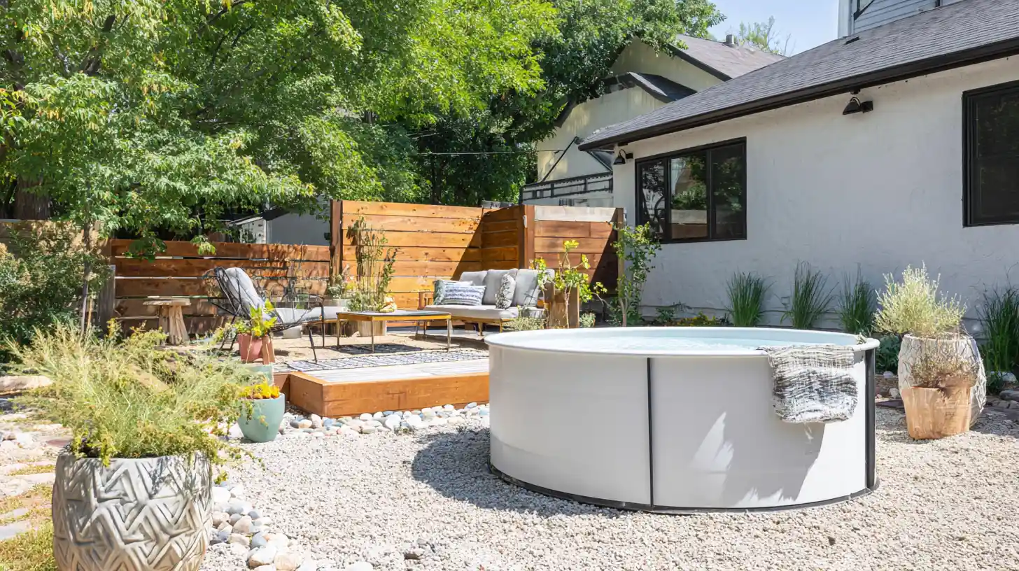 White painted stock tank pool surrounded by gravel patio furniture and backyard landscaping