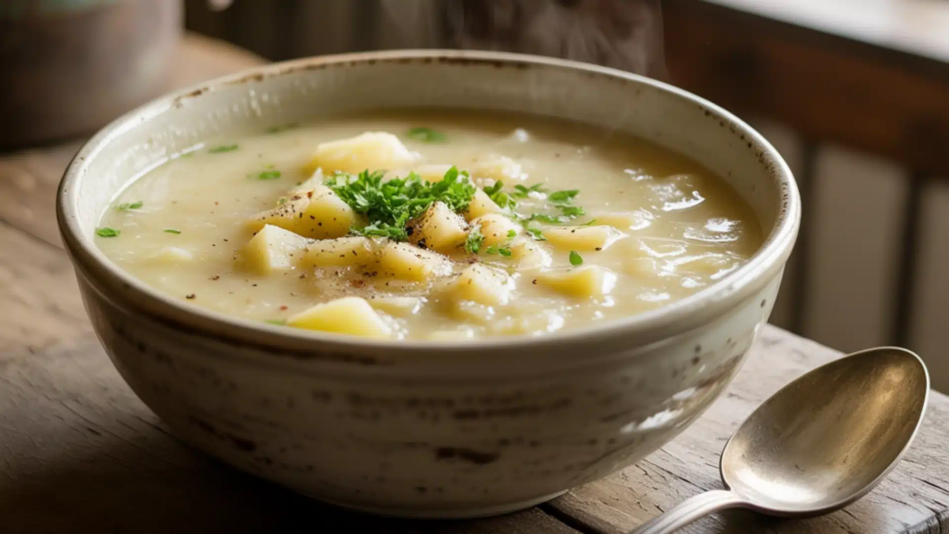 A steaming bowl of potato soup garnished with parsley and black pepper sits on a wooden table next to a spoon.