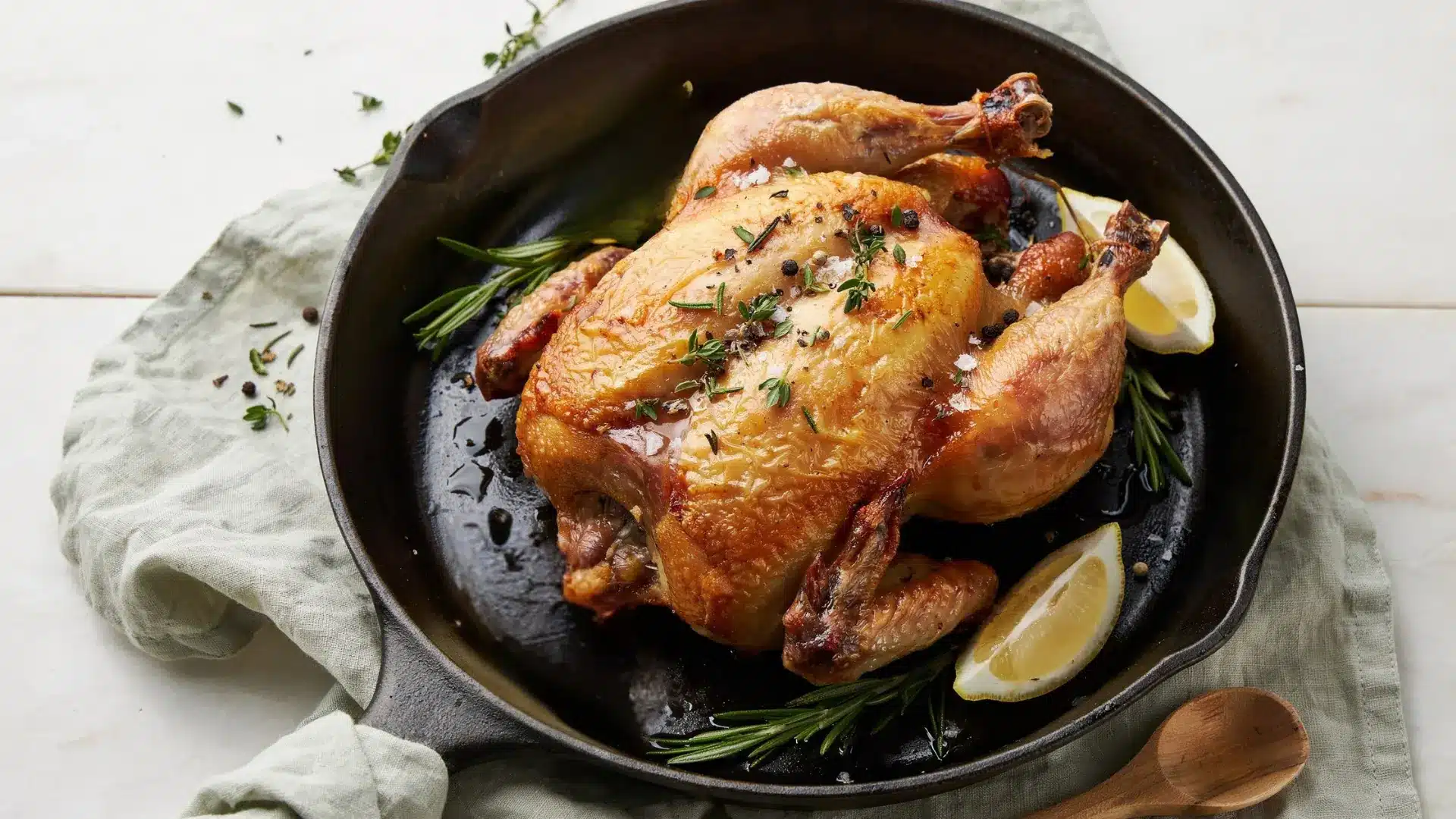 Juicy roasted chicken in a cast iron skillet, complemented by lemon slices and a sprinkle of fresh herbs.
