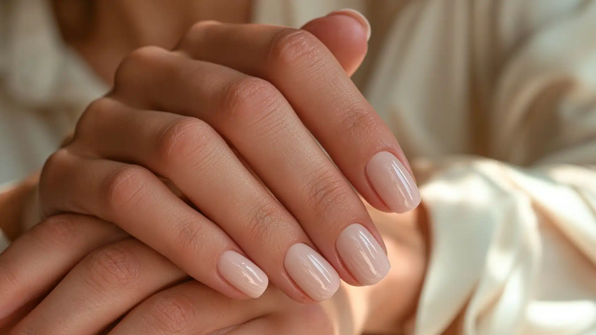 Close-up of hands with neatly manicured, glossy pale pink nails resting together against a softly lit cream-colored background.
