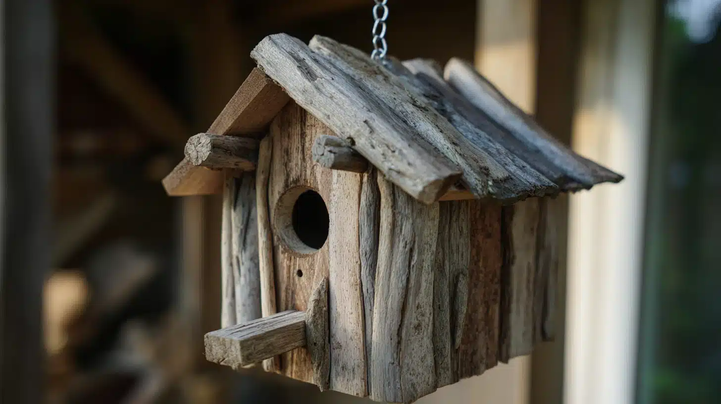 Rustic birdhouse made from weathered driftwood pieces with a pitched roof hanging from a metal chain.