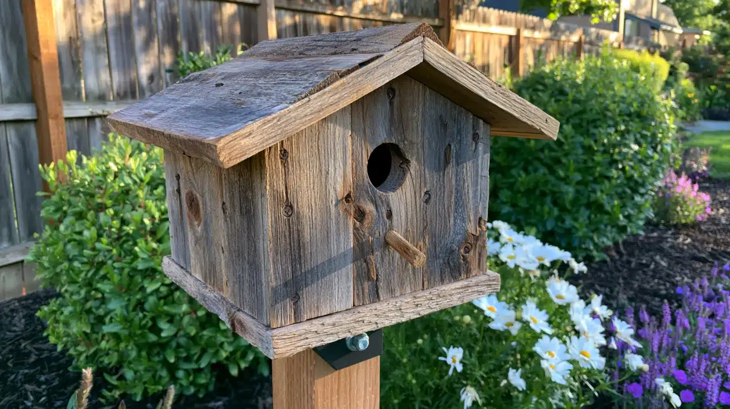 Rustic birdhouse made from weathered gray reclaimed wood with a pitched roof, mounted on a garden post.