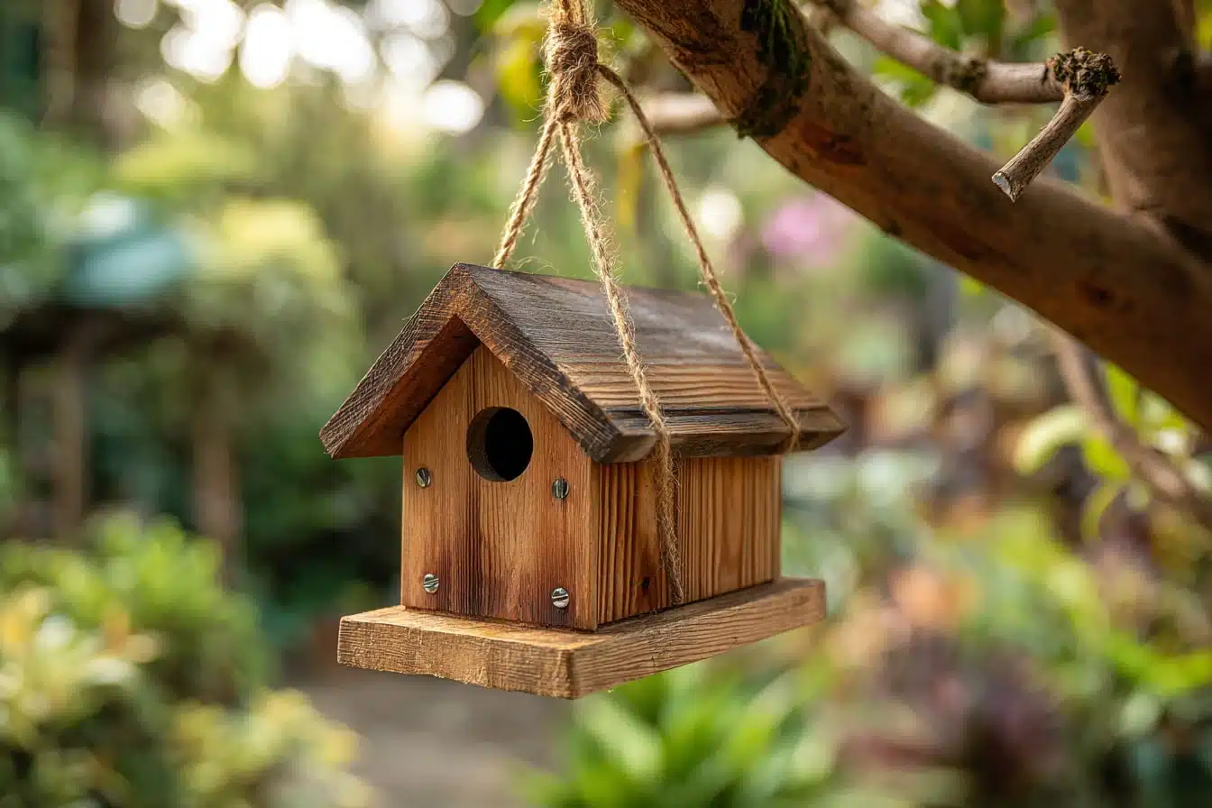 Rustic cedar birdhouse with a pitched roof suspended from a tree branch using natural rope.