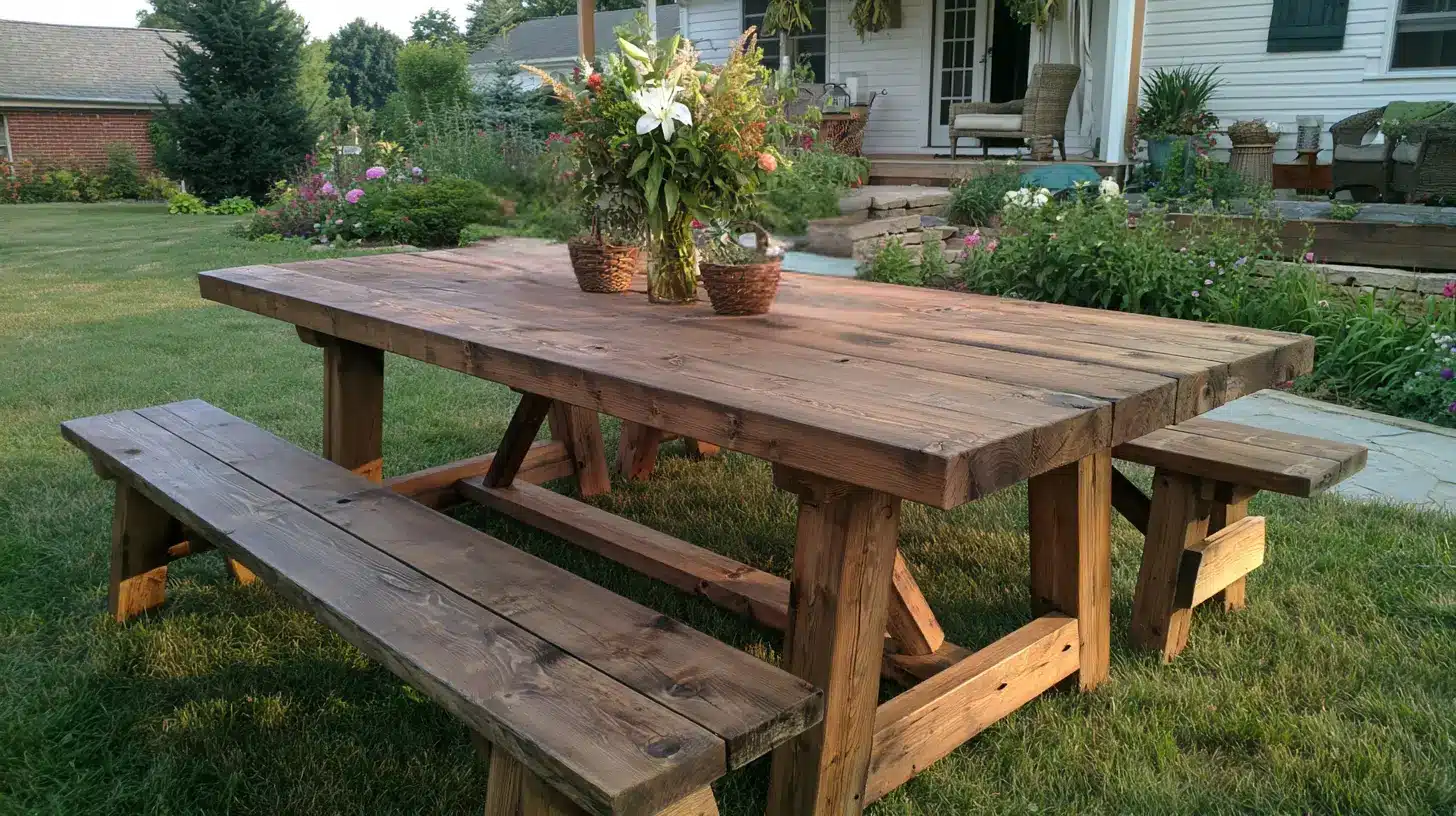 Rustic farmhouse-style wooden picnic table with benches in a landscaped backyard
