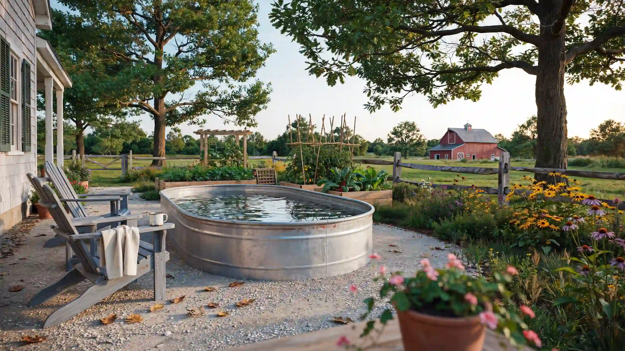Stock tank pool beside a farmhouse with Adirondack chairs flower gardens and peaceful countryside views
