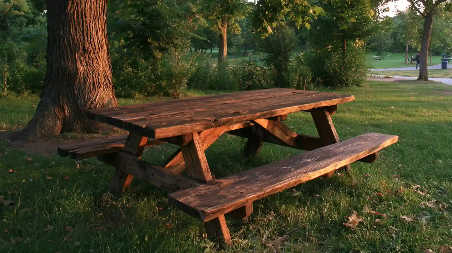 Rustic reclaimed wood picnic table with attached benches in a grassy park setting