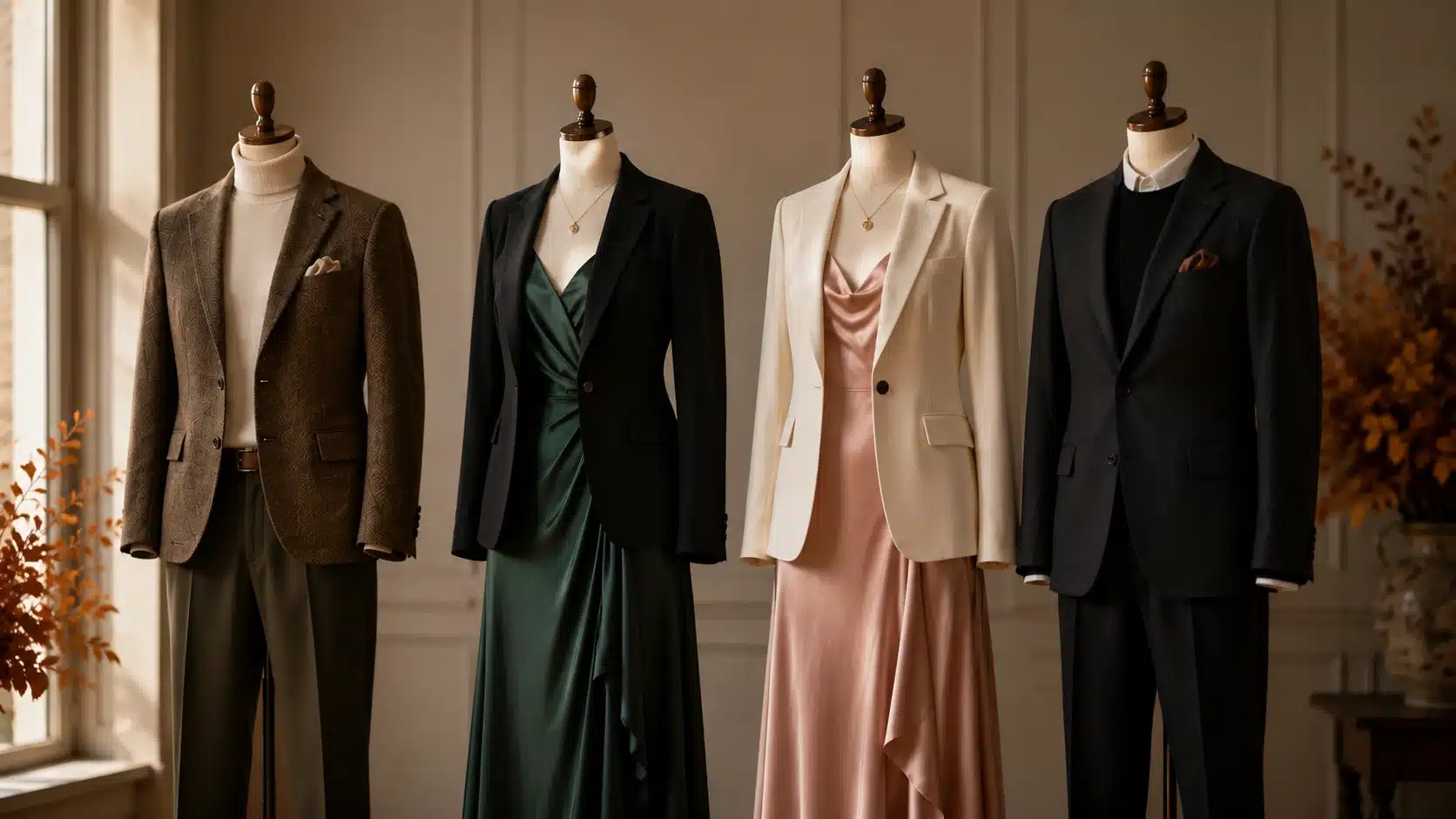 Four mannequins display tailored suits and dresses in muted tones, arranged in a row against a neutral background.