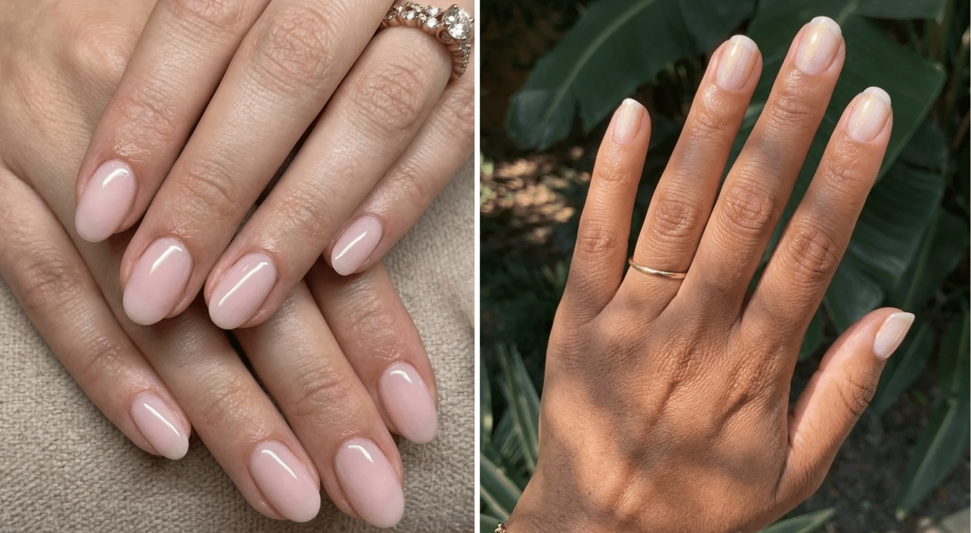 Side by side comparison of a pink Russian manicure and a natural style regular manicure on hands.