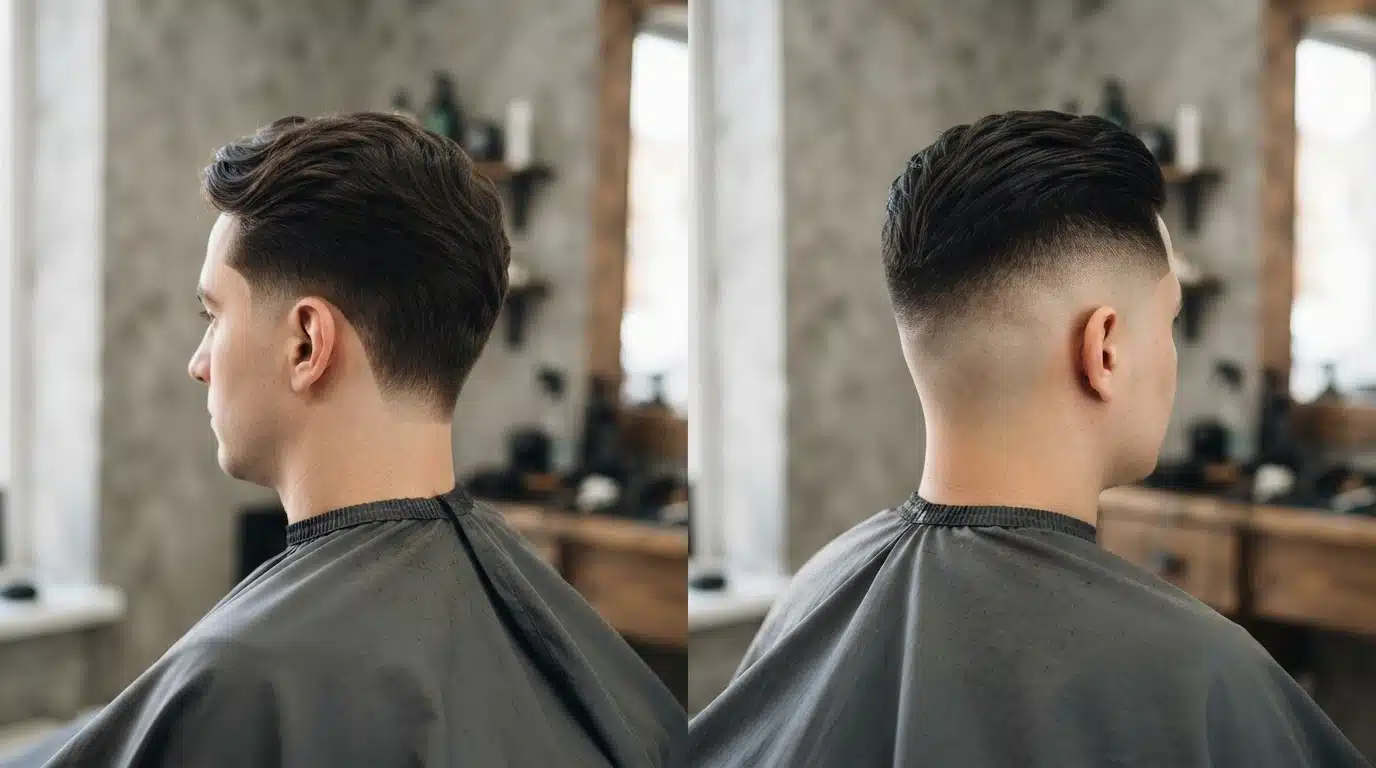 Side by side comparison of a taper haircut and a fade haircut