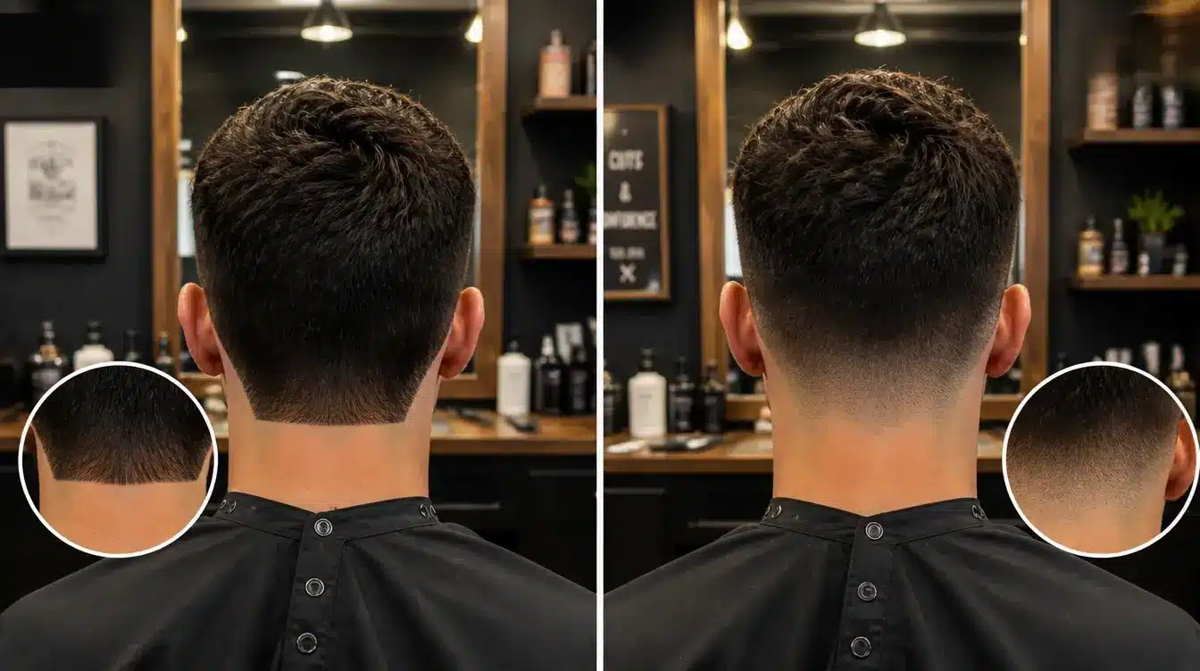 Side-by-side rear view of a men's mid taper vs mid fade haircut.