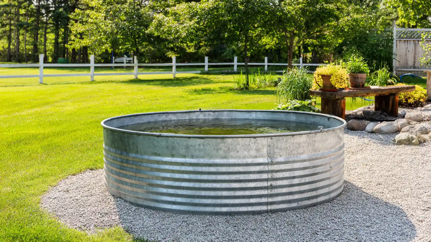 Simple galvanized stock tank pool installed on a gravel base in a spacious backyard lawn