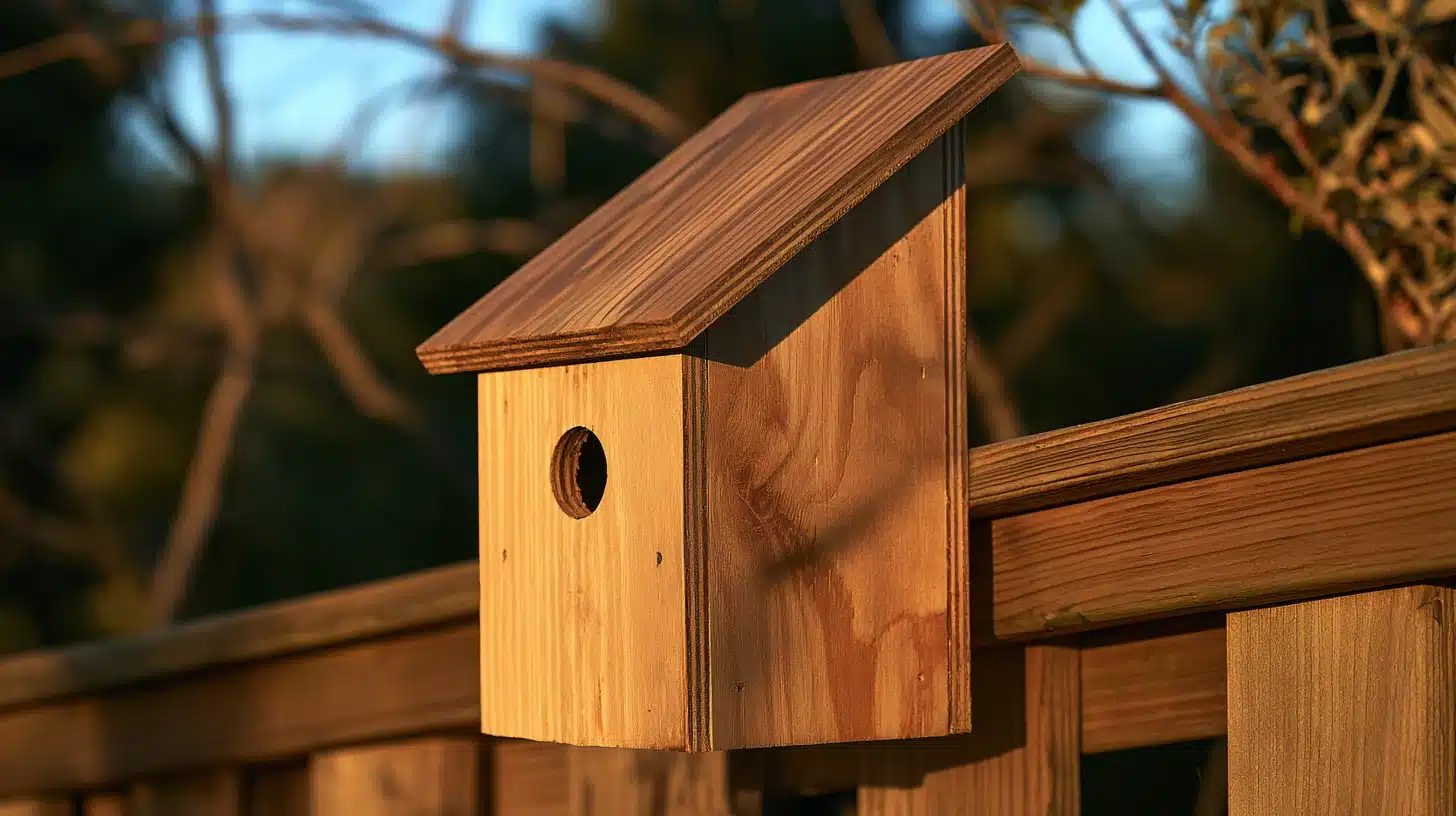 Simple plywood birdhouse with a single sloping wooden roof mounted directly to a backyard fence.