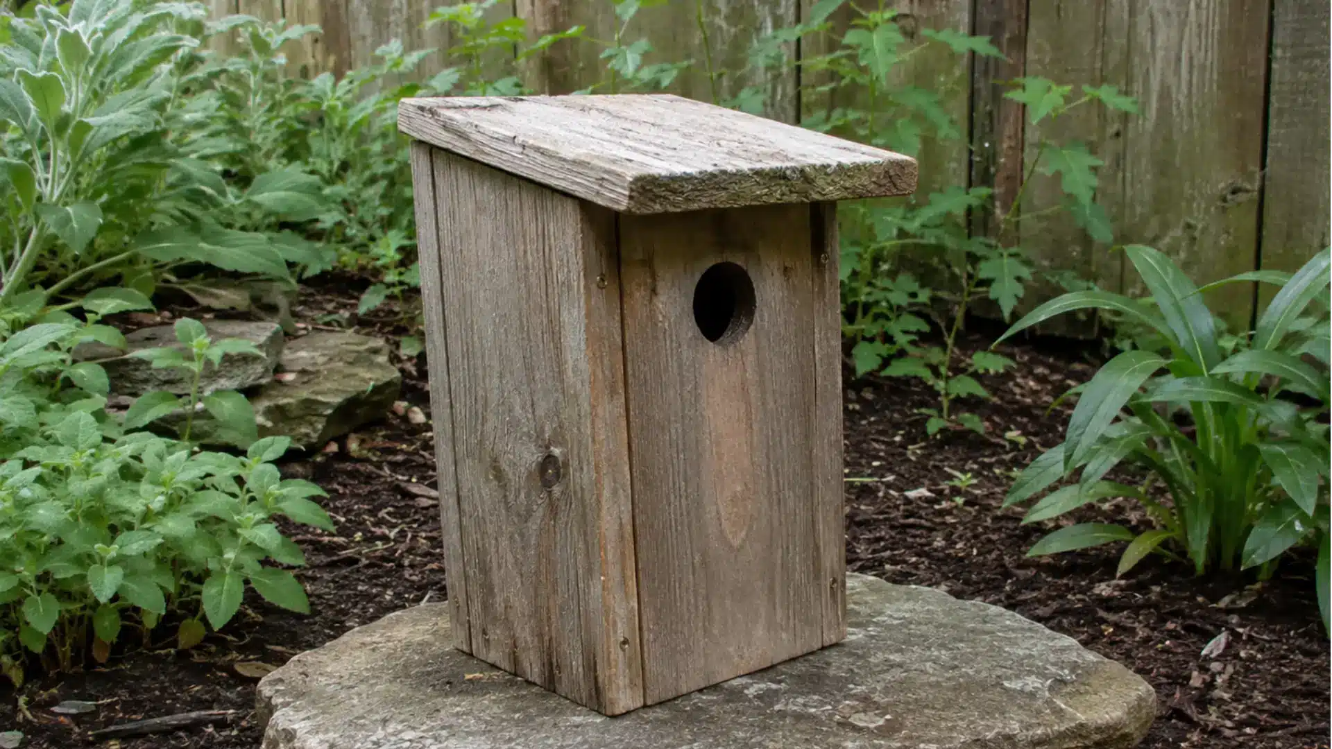 Simple weathered wooden box birdhouse with a flat sloping roof resting on a large stone in a leafy garden.