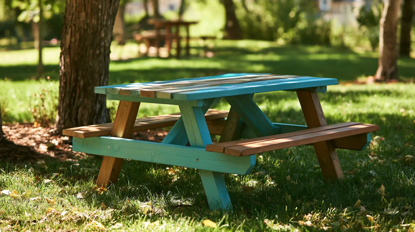 Small painted wooden picnic table designed for children in a sunny backyard