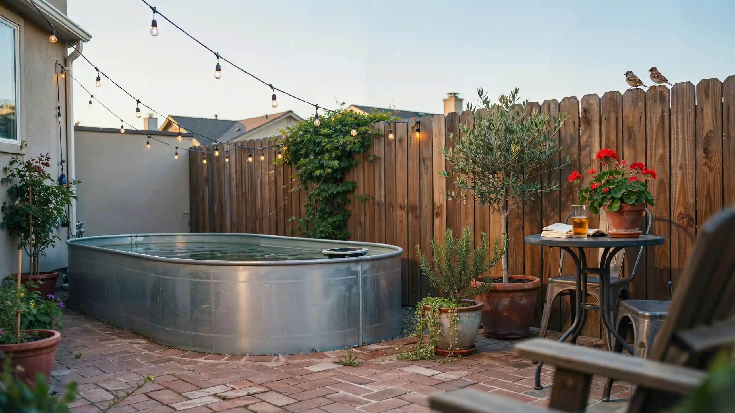 Oval stock tank pool in a small brick patio with wooden privacy fence string lights and potted plants