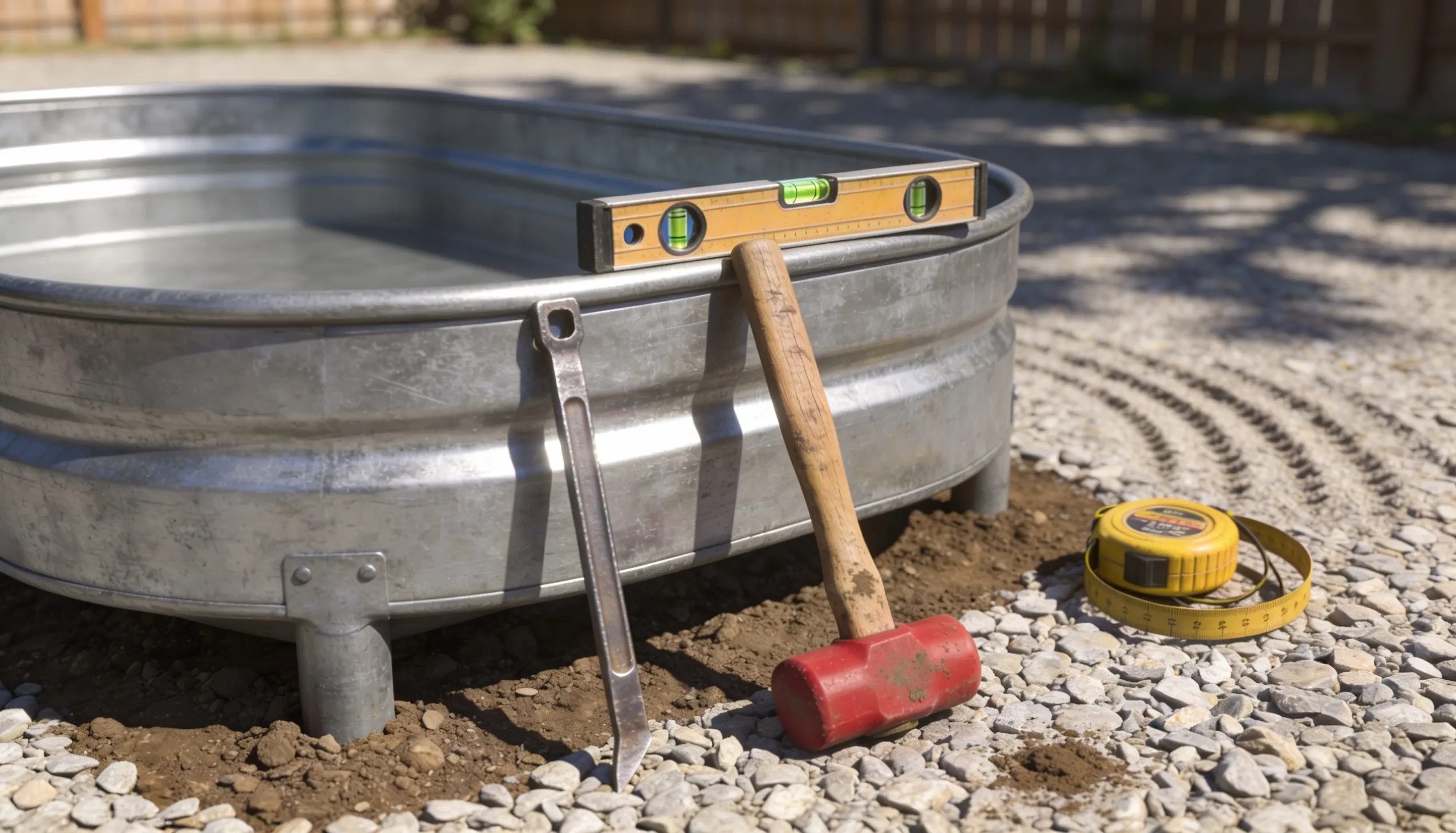 diy stock tank pool tank placed on level ground with tools