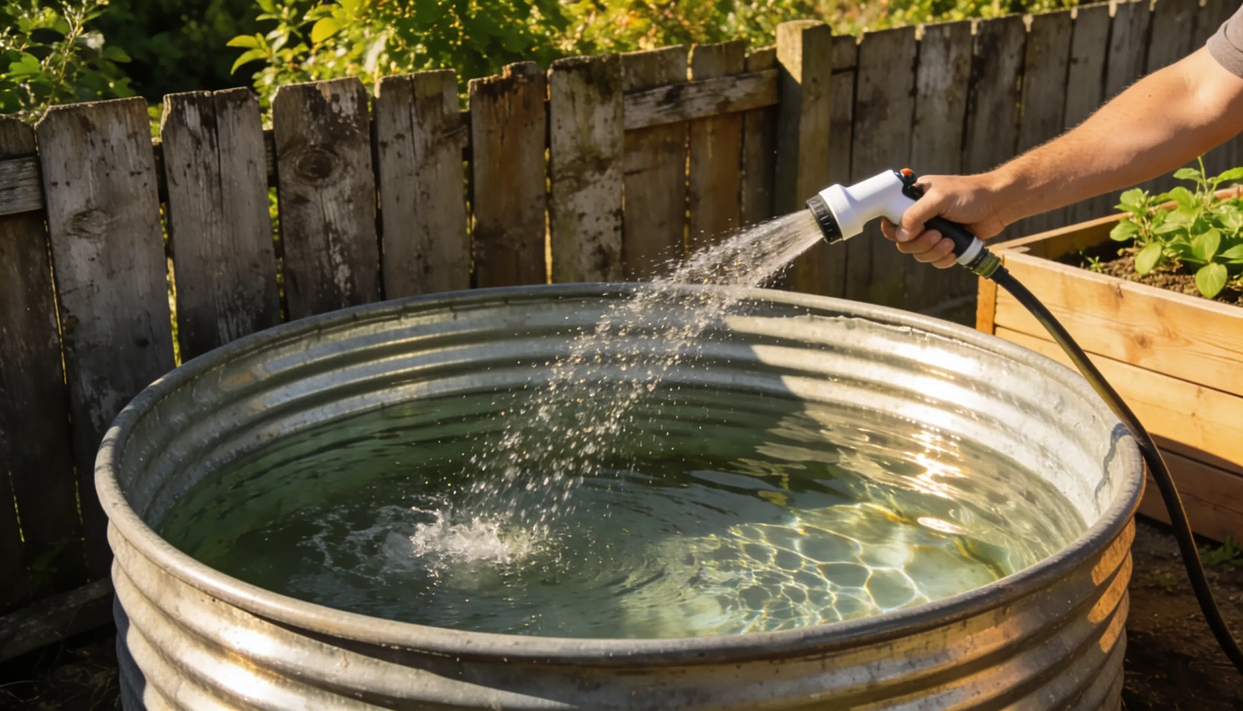 stock tank pool filling with water from garden hose