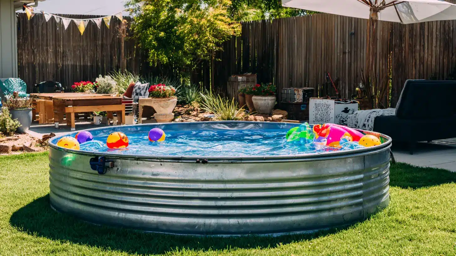 Stock tank pool filled with colorful inflatable toys creating a fun backyard pool for kids