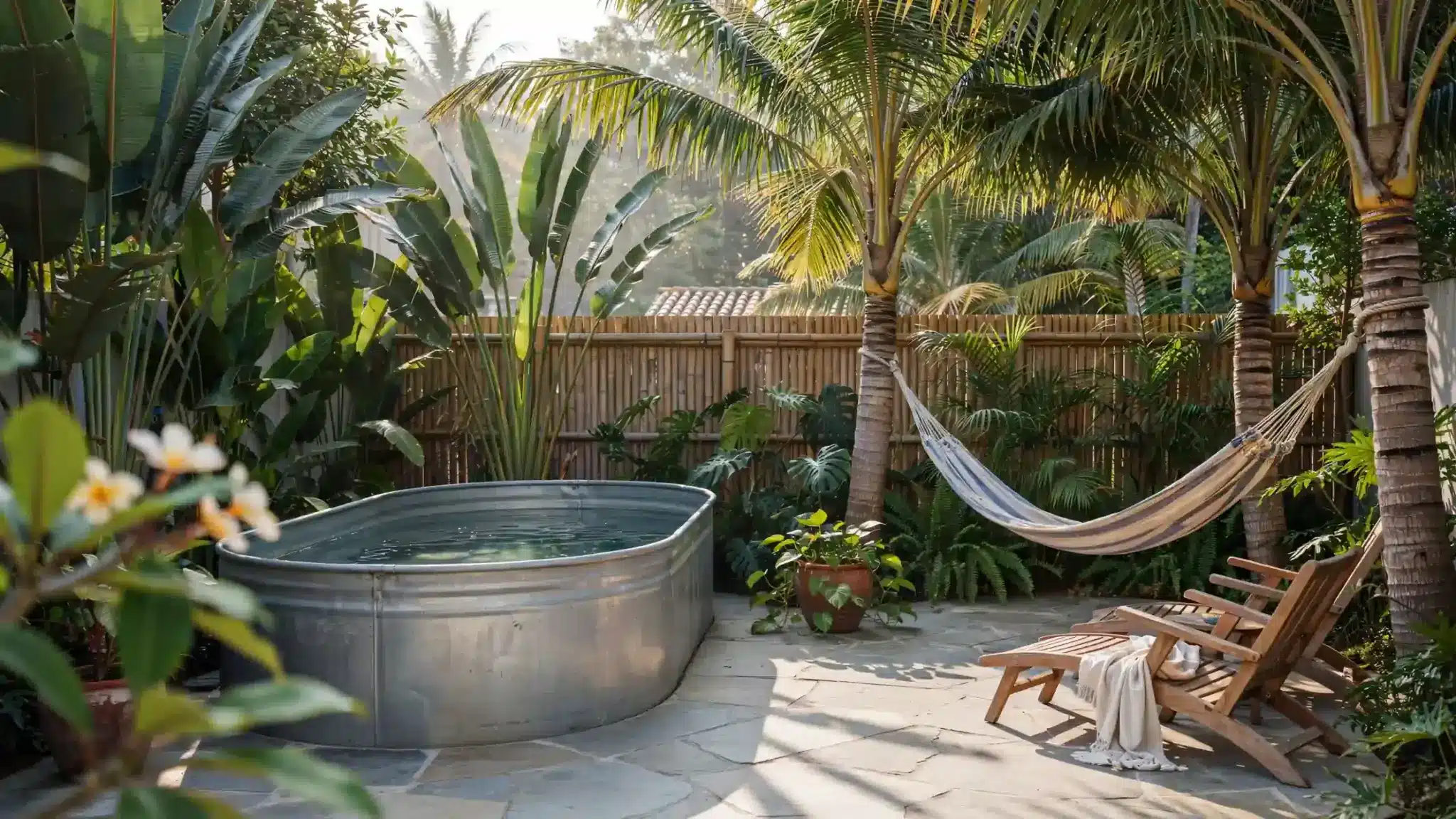 Oval stock tank pool in a tropical backyard with palm trees hammock lounge chairs and lush landscaping