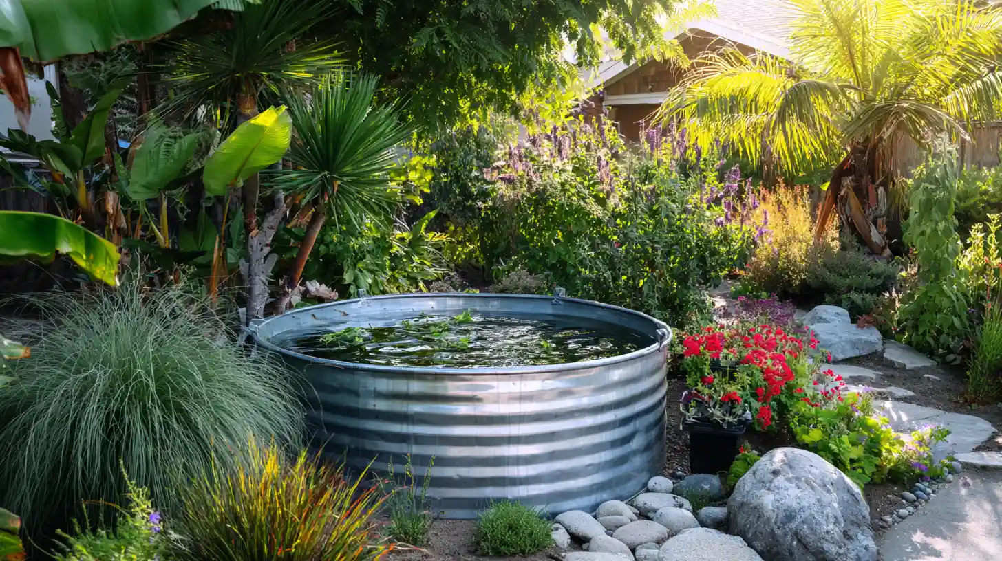 Stock tank pool surrounded by lush tropical plants and colorful flowers in a landscaped backyard garden