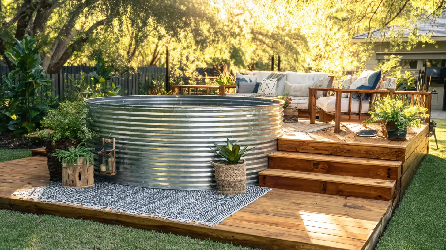 Stock tank pool built into a wooden deck with outdoor seating and decorative plants