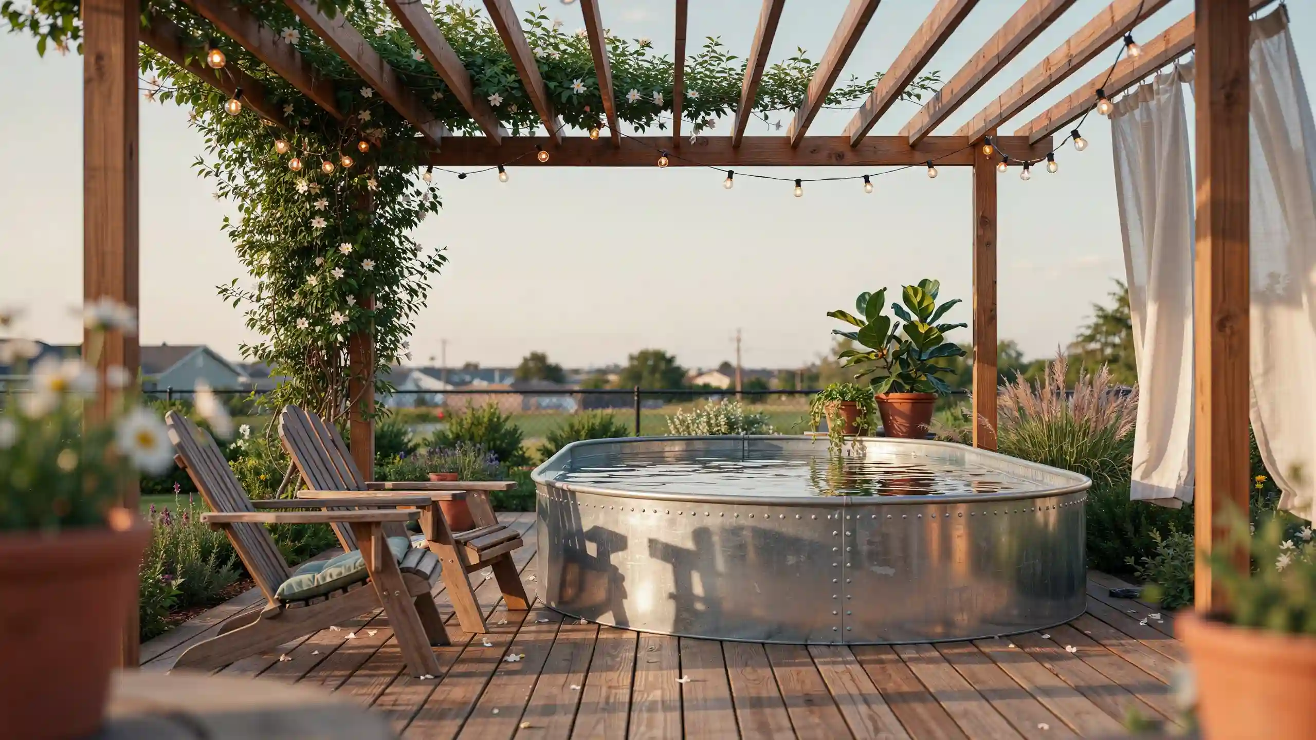 Stock tank pool under a wooden pergola with climbing vines string lights and Adirondack chairs