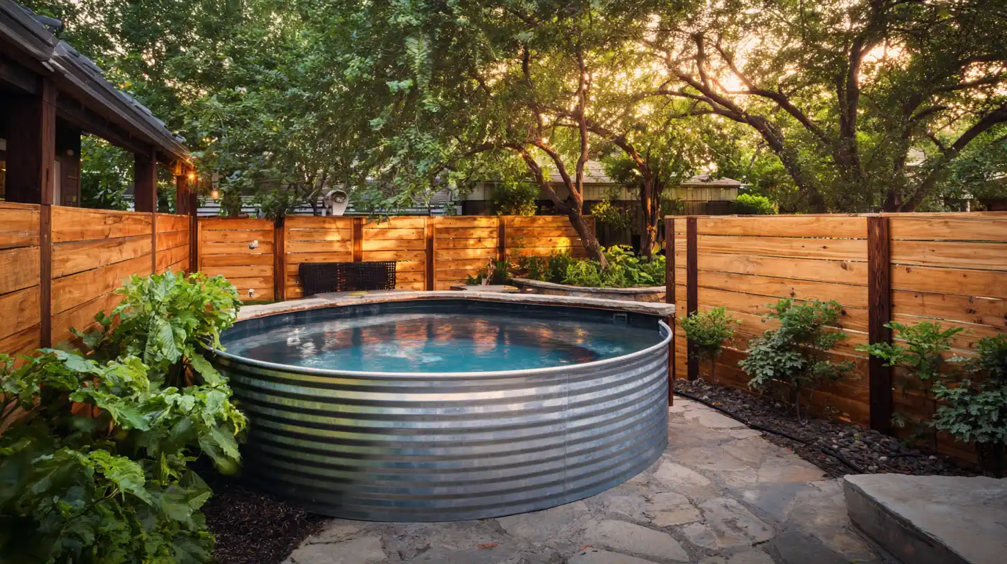 Round stock tank pool enclosed by wooden privacy screens in a peaceful backyard patio
