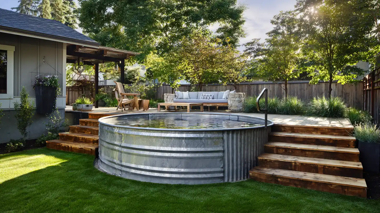 Galvanized stock tank pool with wooden steps leading to a modern backyard lounge area