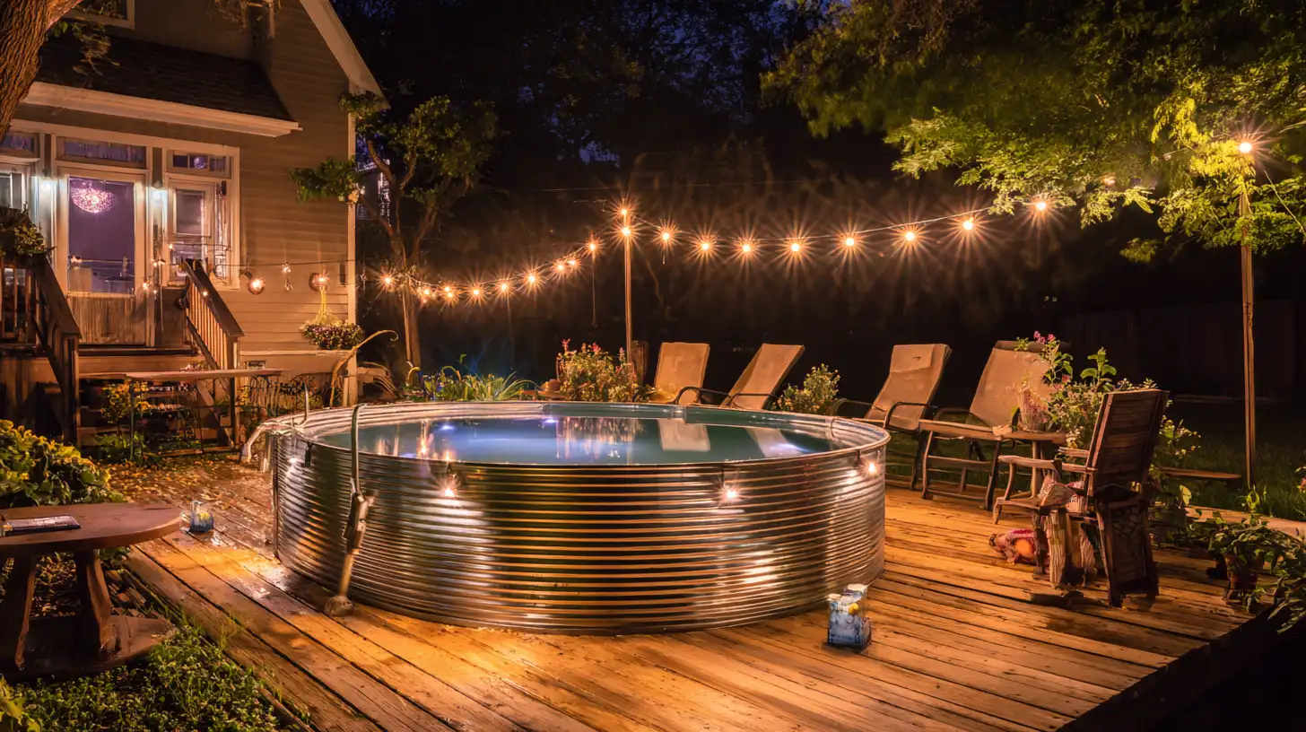 Stock tank pool on a wooden deck decorated with warm string lights for a cozy nighttime backyard retreat