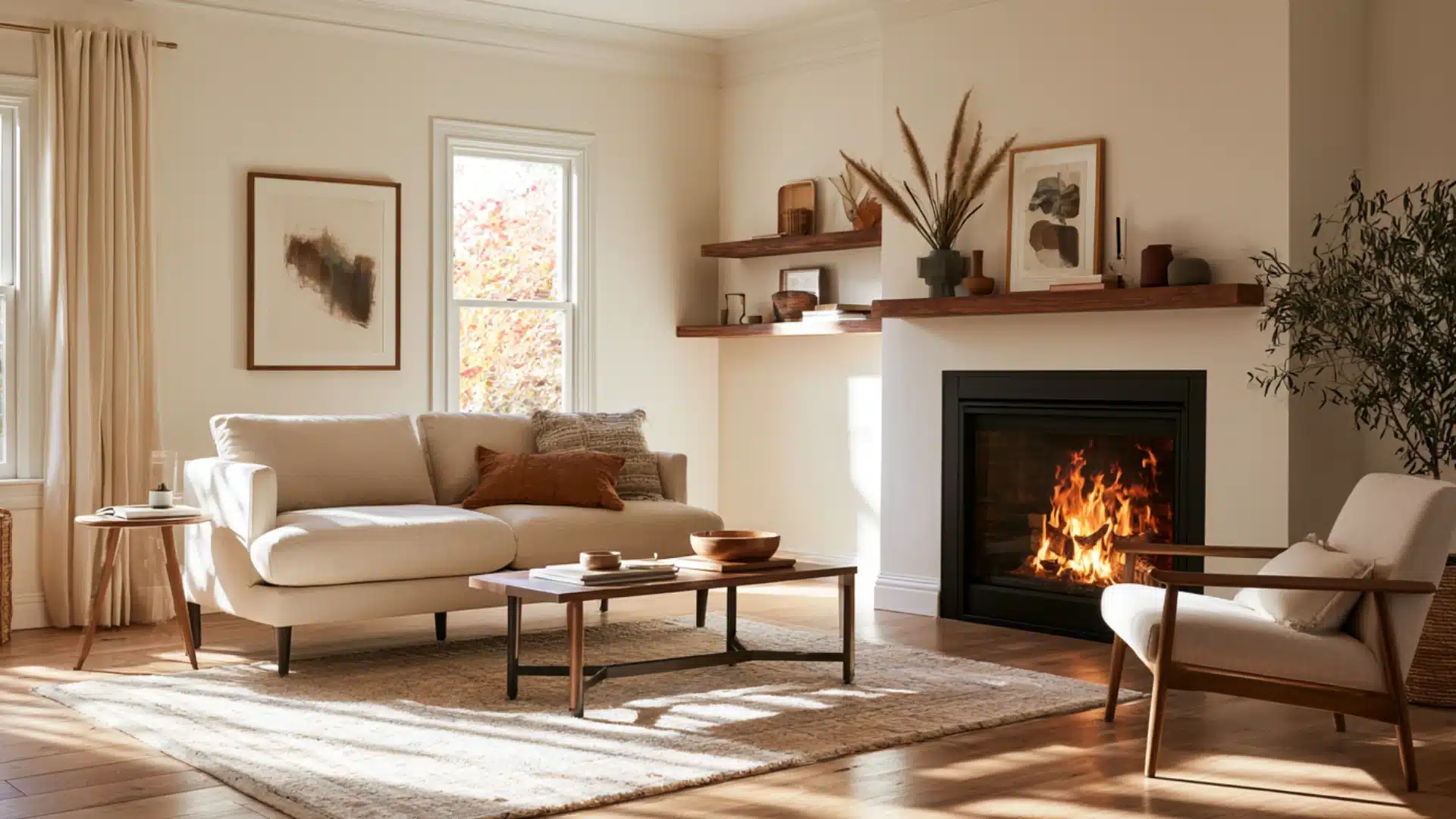 Sunlit modern living room with a cream sofa, wood coffee table, lounge chair, wall shelves, and a lit fireplace.