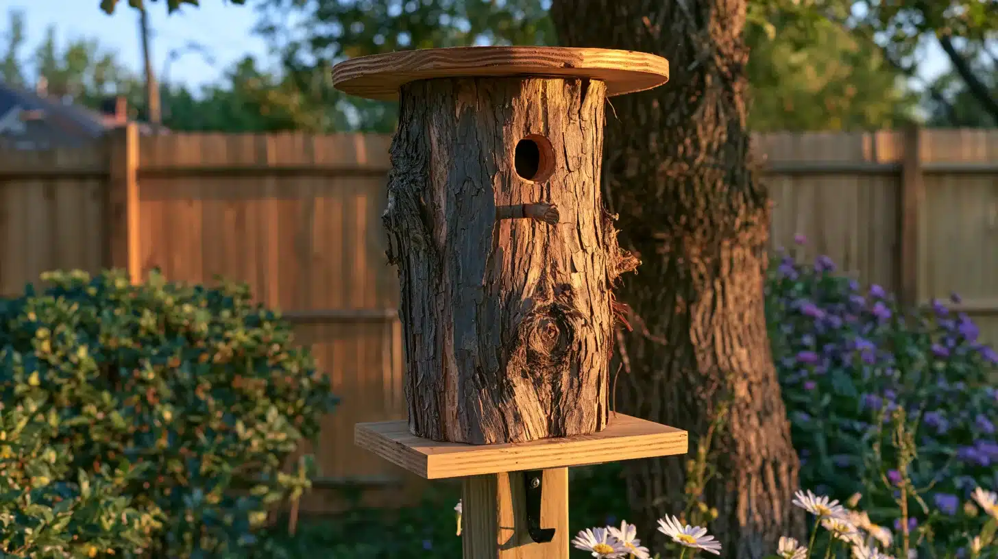 Tall hollowed natural log birdhouse with rough bark, a round entrance hole, and flat wooden roof and base.