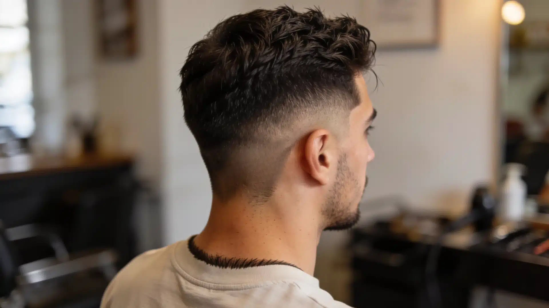 Back side view of a man with a low taper fade haircut showing a smooth gradual blend