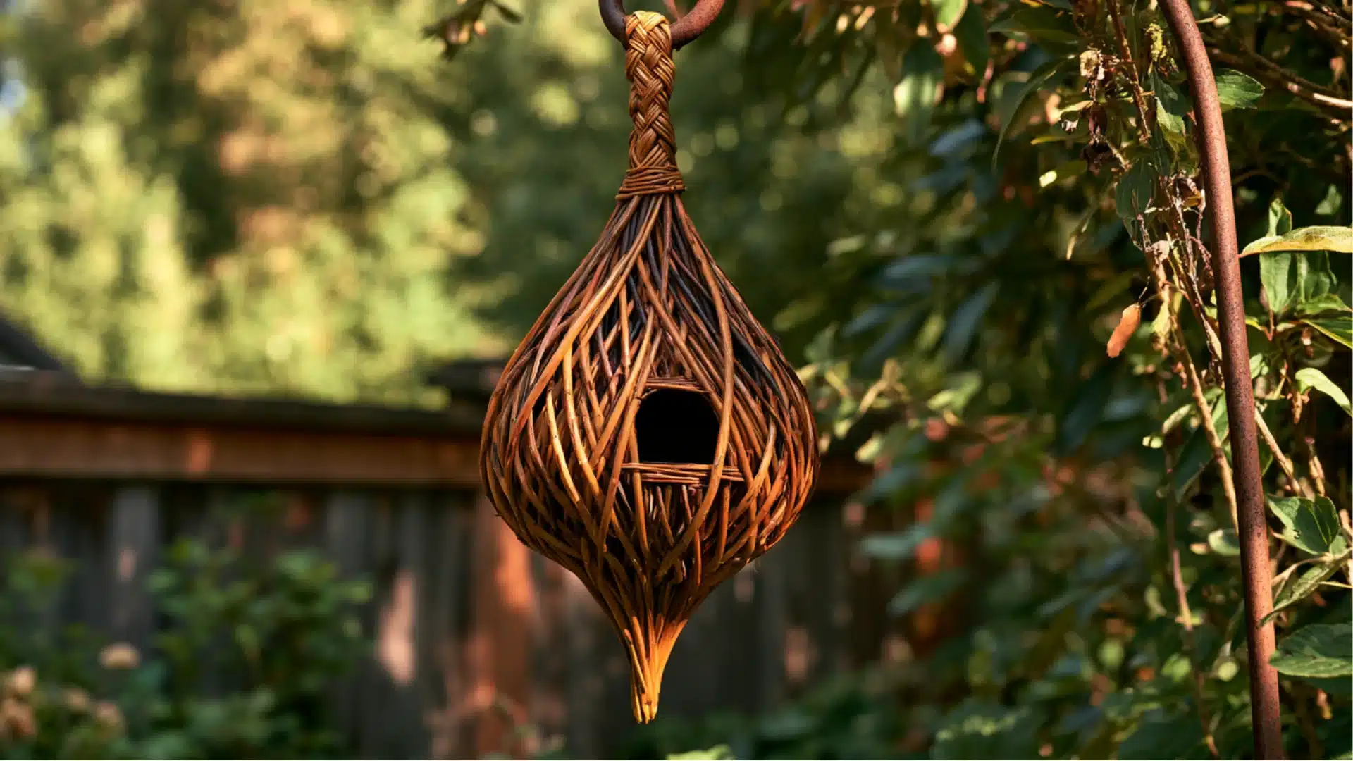 Teardrop-shaped birdhouse woven from natural brown twigs, hanging from a metal garden hook.