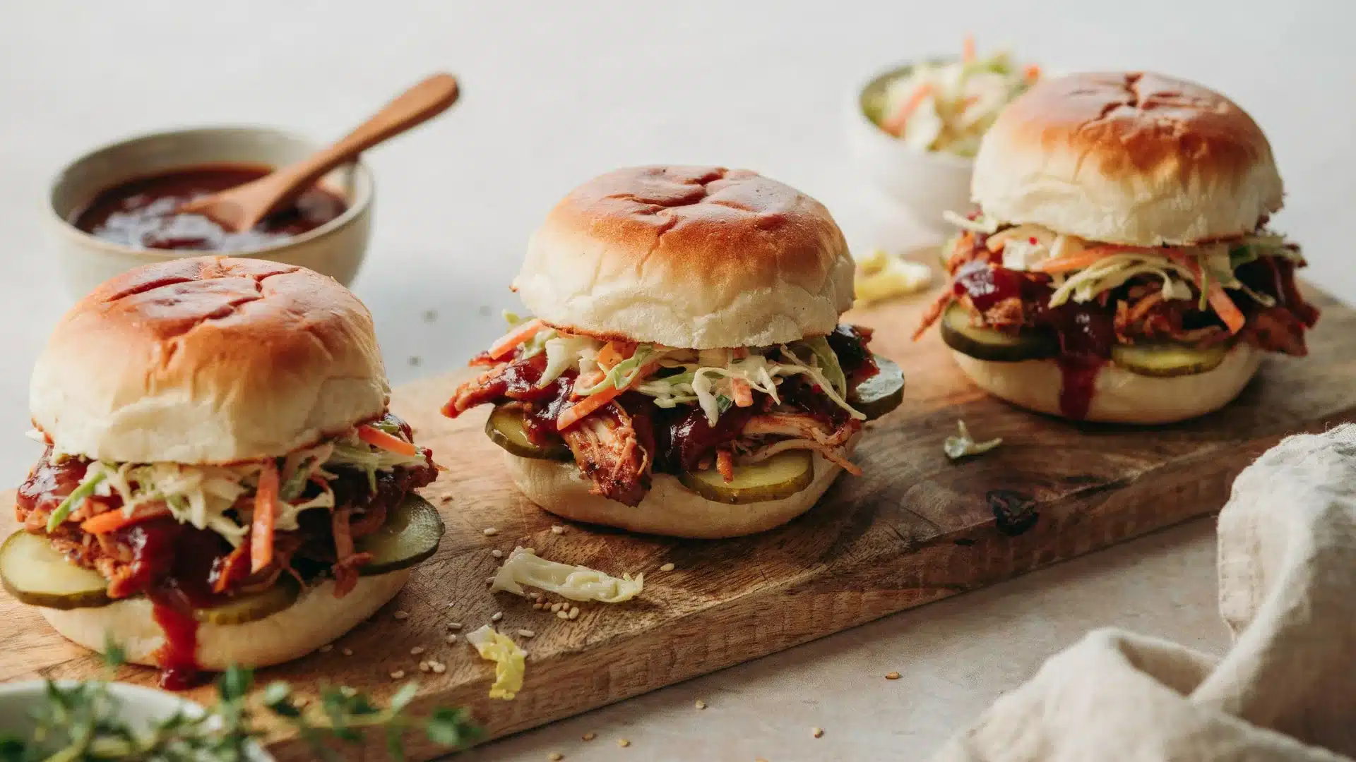 Three BBQ sliders on a wooden cutting board, accompanied by a small bowl of sauce for dipping.
