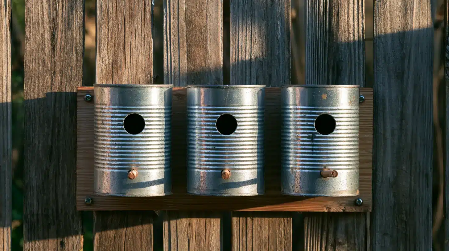 Three silver ribbed tin cans with round entrance holes and wooden perches mounted side by side on a fence.