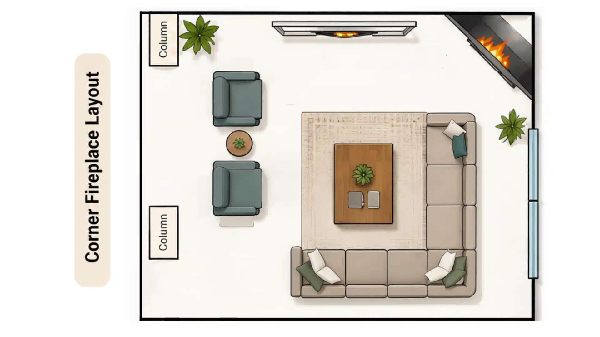 Top-down floor plan showing a corner fireplace living room with an L-shaped sectional sofa, two armchairs, coffee table, area rug, plants, columns, and windows.