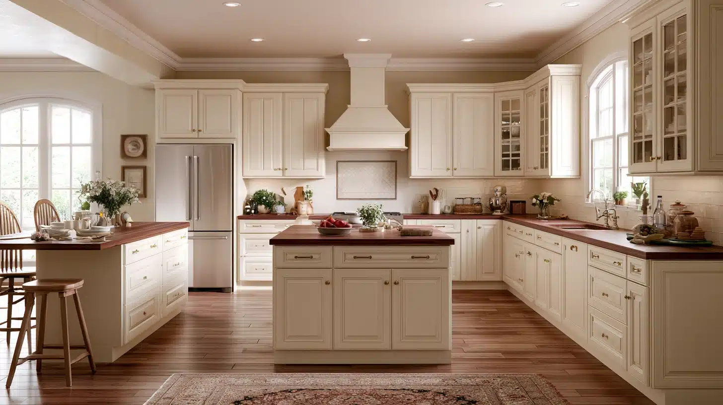 Traditional kitchen featuring raised-panel white cabinets and warm wood flooring, creating a classic and inviting atmosphere.