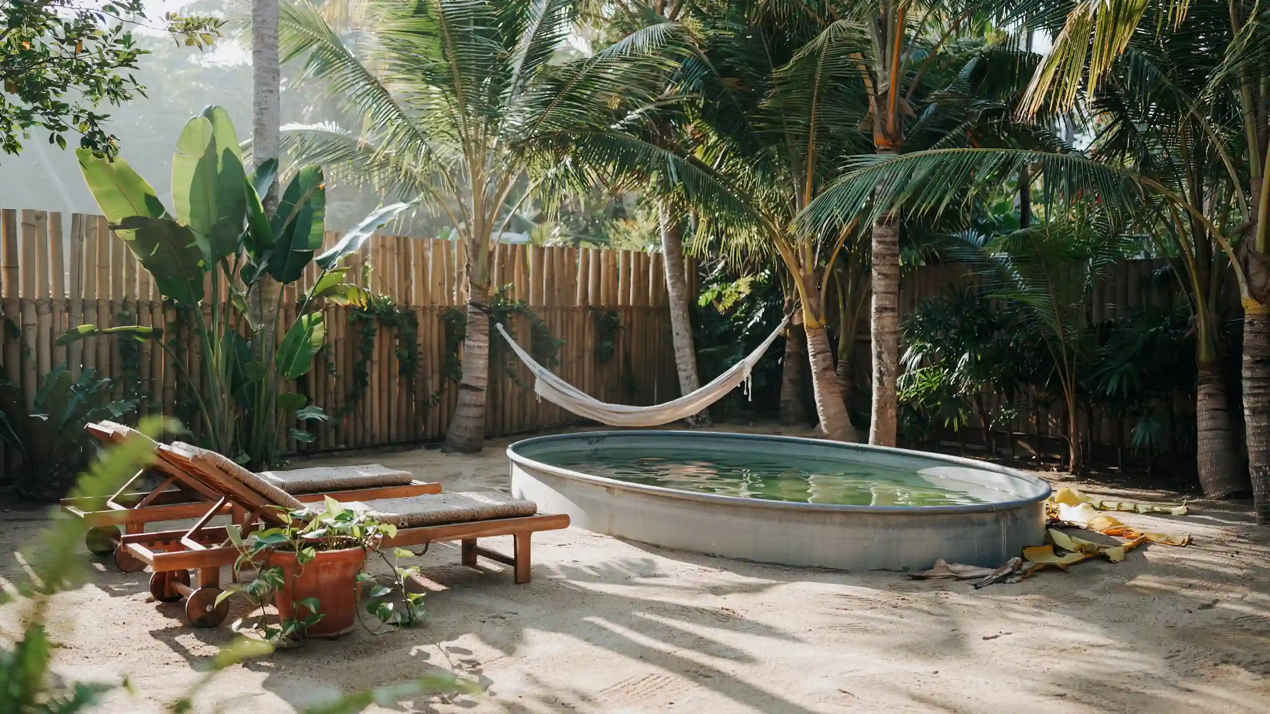 Oval stock tank pool in a tropical backyard with palm trees hammock sandy ground and lounge chairs