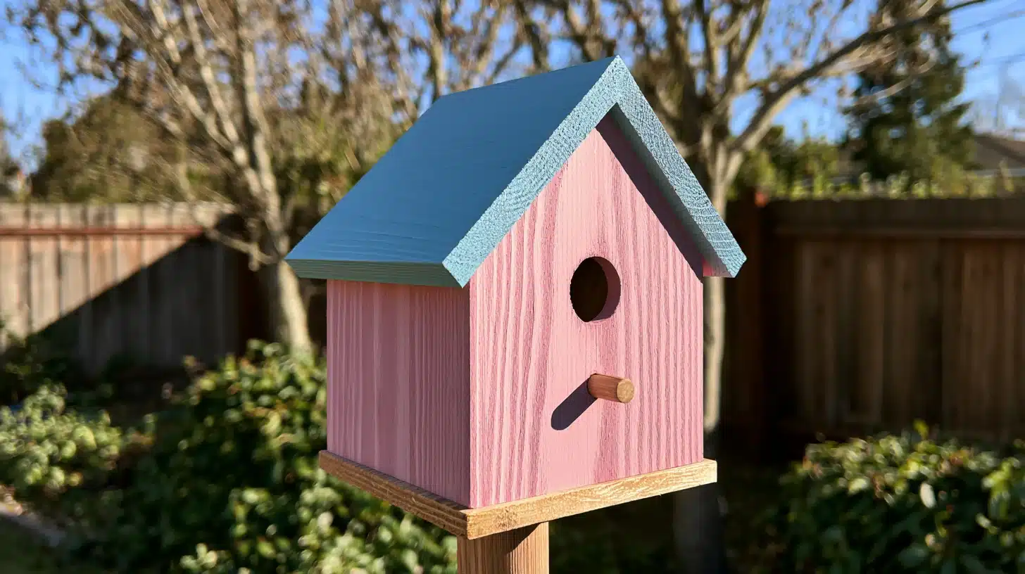Two-tone birdhouse with a muted pink body and contrasting light blue pitched roof mounted on a wooden post.