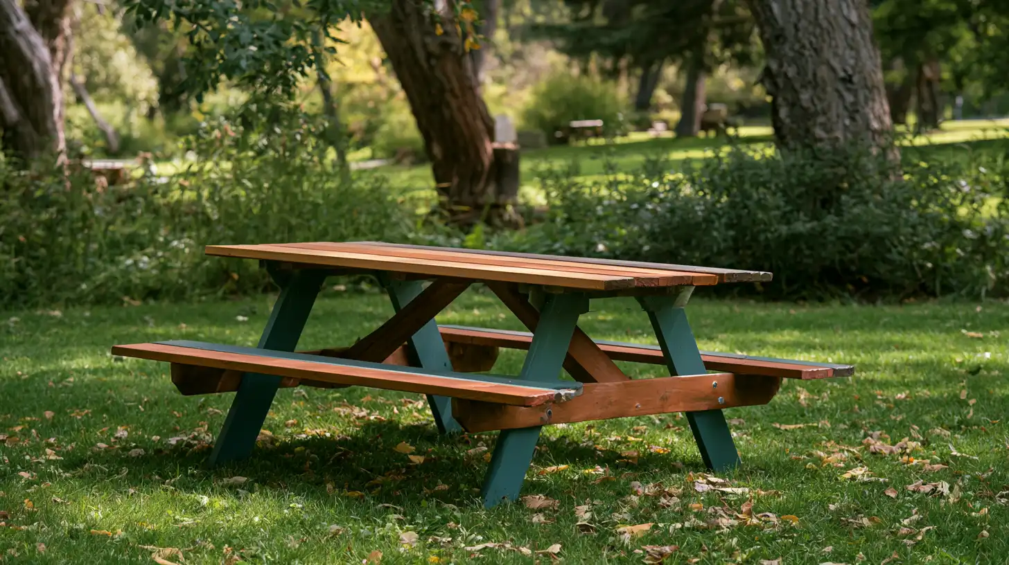 Two tone wooden picnic table with contrasting painted legs and natural wood top in a park