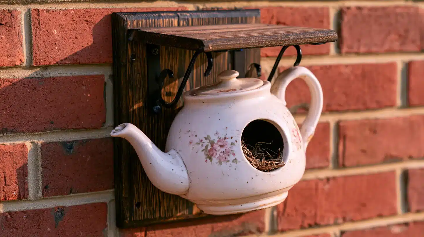 Vintage floral ceramic teapot converted into a birdhouse and mounted on a wooden bracket against a brick wall.