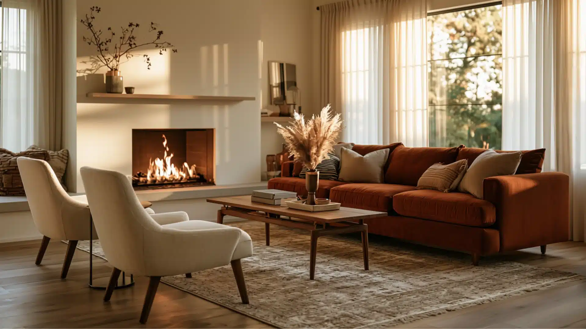 Warm living room with a rust-colored sofa, two cream chairs, a fireplace, and large sunlit windows.